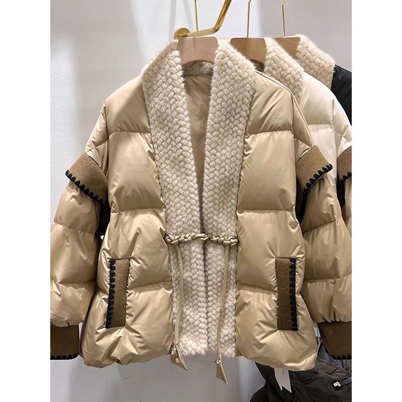 V-neck Frog Button Stitching Furry Padded Down Jacket Cotton-padded Coat Woman